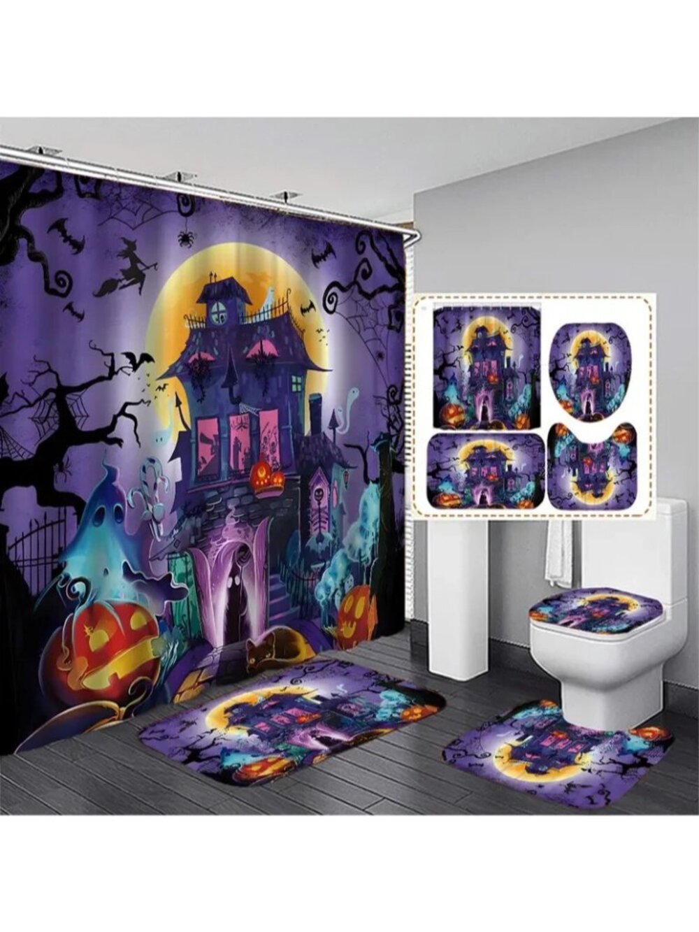 Halloween Haunted House Shower Curtain 4 Pc Set